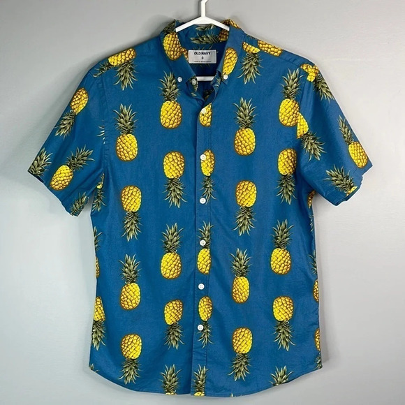 5/$25 OLD NAVY Mens Pineapple Print Button Down Shirt Blue Short Sleeve S - Picture 10 of 10